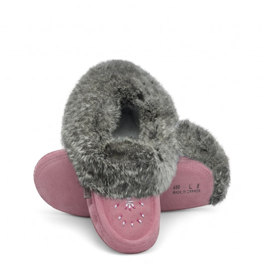 Laurentian Chief flamingo pink suede moccasins with rabbit fur trim and beaded vamp detail