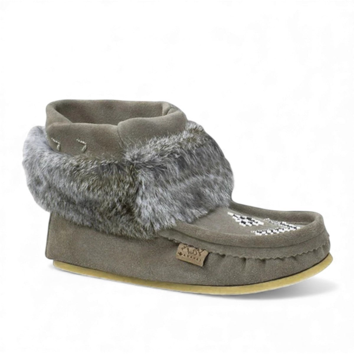 Laurentian Chief Nuka grey suede moccasins with faux fur lining and traditional beaded vamp design.