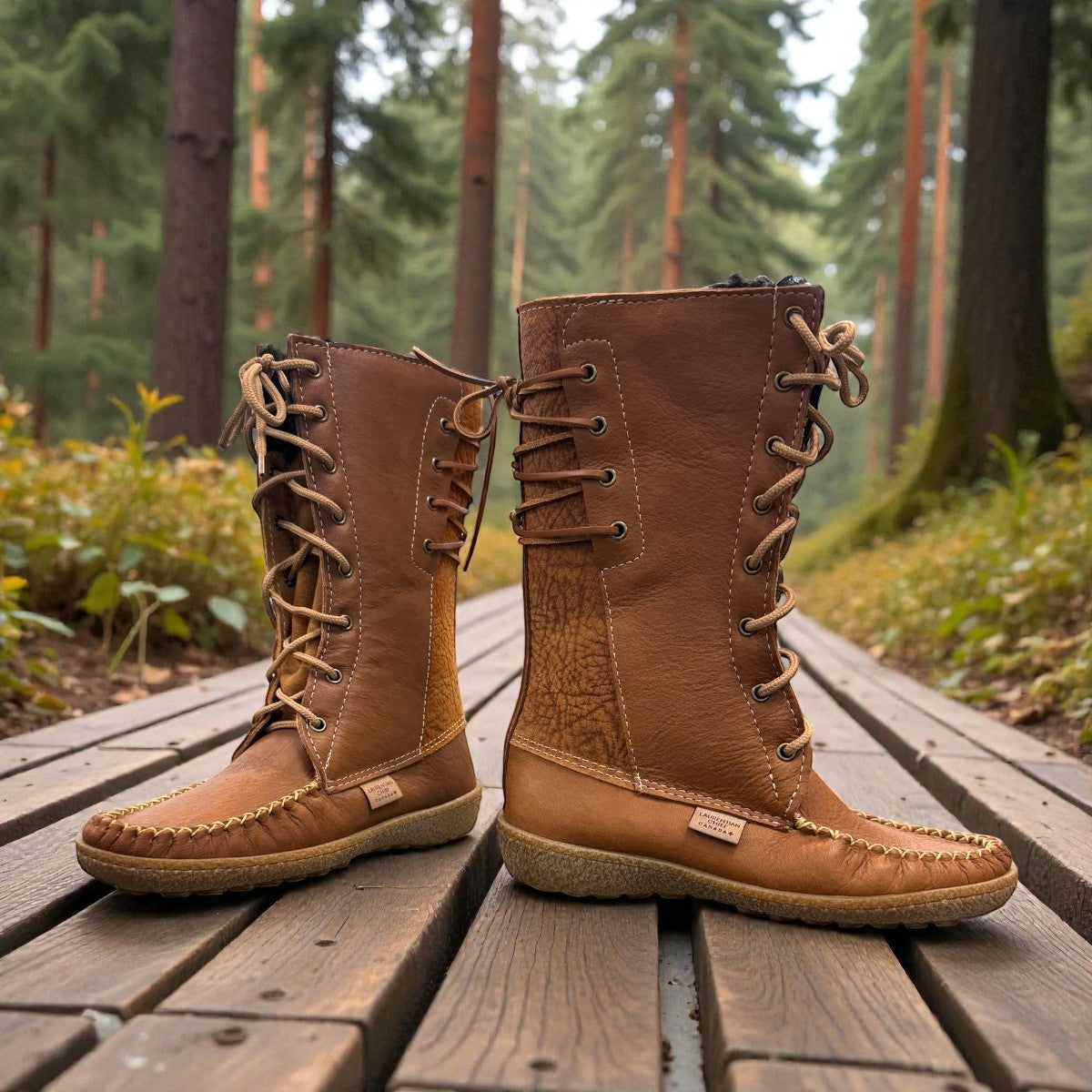 Laurentian Chief mukluk boots in cognac moose hide leather with lace-up front and moccasin stitching.