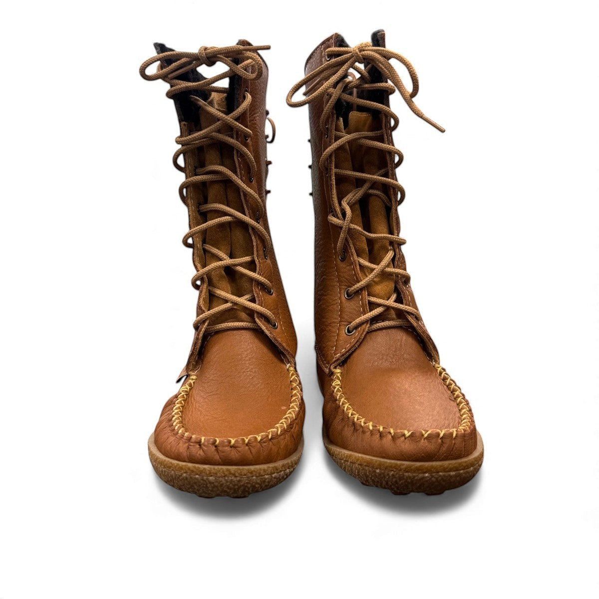 Laurentian Chief mukluk boots in cognac moose hide leather with lace-up front and moccasin stitching.