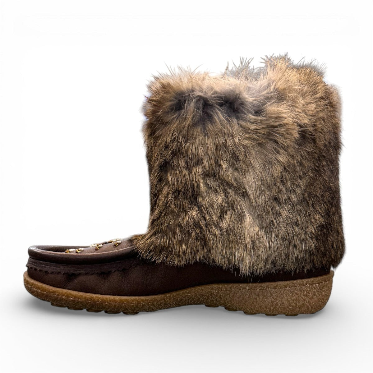 Laurentian Chief mukluk boots in fudge moose hide with natural rabbit fur trim and crepe sole