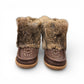 Laurentian Chief mukluk boots in fudge moose hide with natural rabbit fur trim and crepe sole