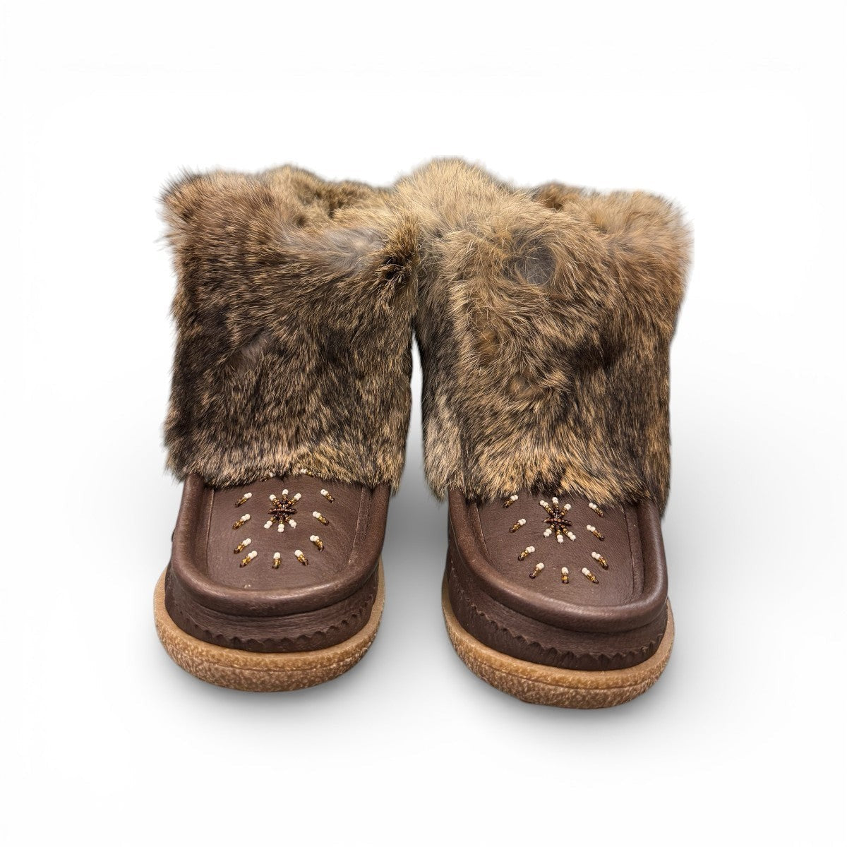 Laurentian Chief mukluk boots in fudge moose hide with natural rabbit fur trim and crepe sole