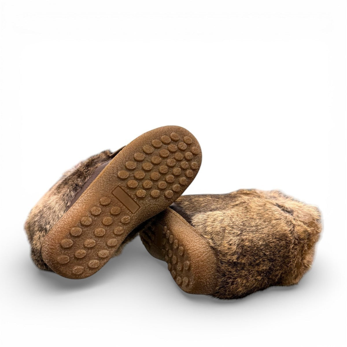 Laurentian Chief mukluk boots in fudge moose hide with natural rabbit fur trim and crepe sole