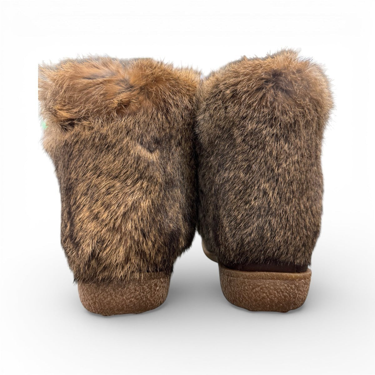Laurentian Chief mukluk boots in fudge moose hide with natural rabbit fur trim and crepe sole