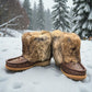 Laurentian Chief mukluk boots in fudge moose hide with natural rabbit fur trim and crepe sole