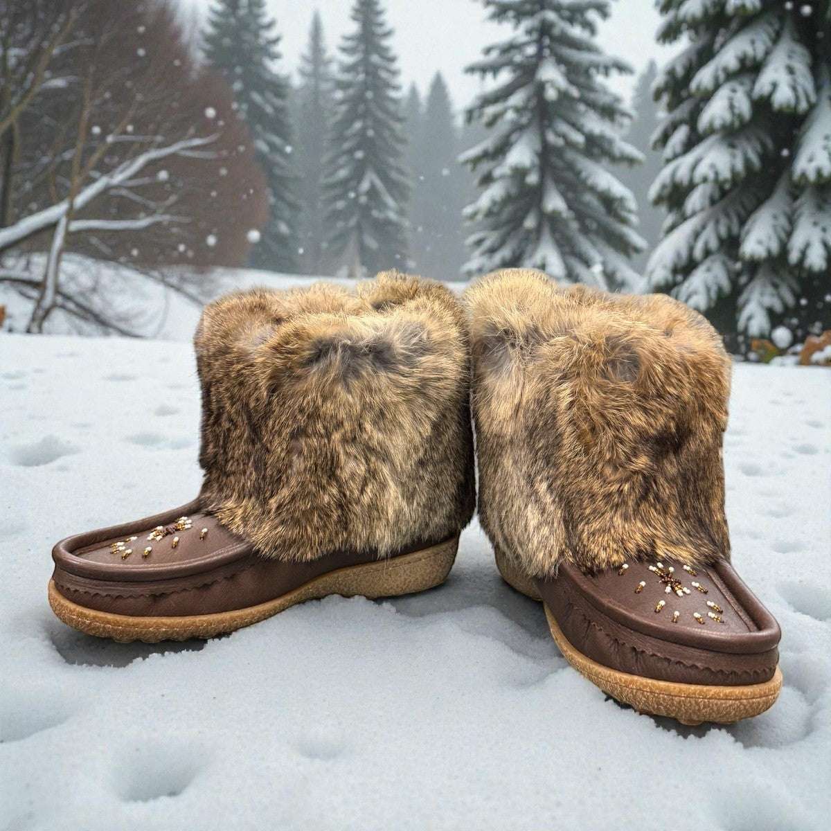 Laurentian Chief mukluk boots in fudge moose hide with natural rabbit fur trim and crepe sole
