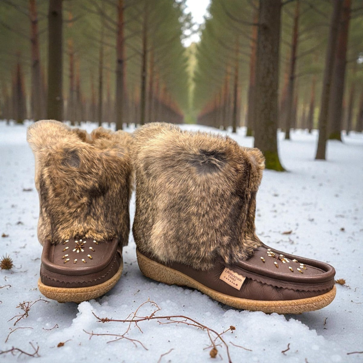 Laurentian Chief mukluk boots in fudge moose hide with natural rabbit fur trim and crepe sole
