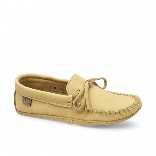 Laurentian Chief natural moose hide leather moccasins with a soft sole and lace-up closure