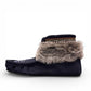 Laurentian Chief Nuka navy blue waterproof suede moccasin with fur trim and beaded detailing