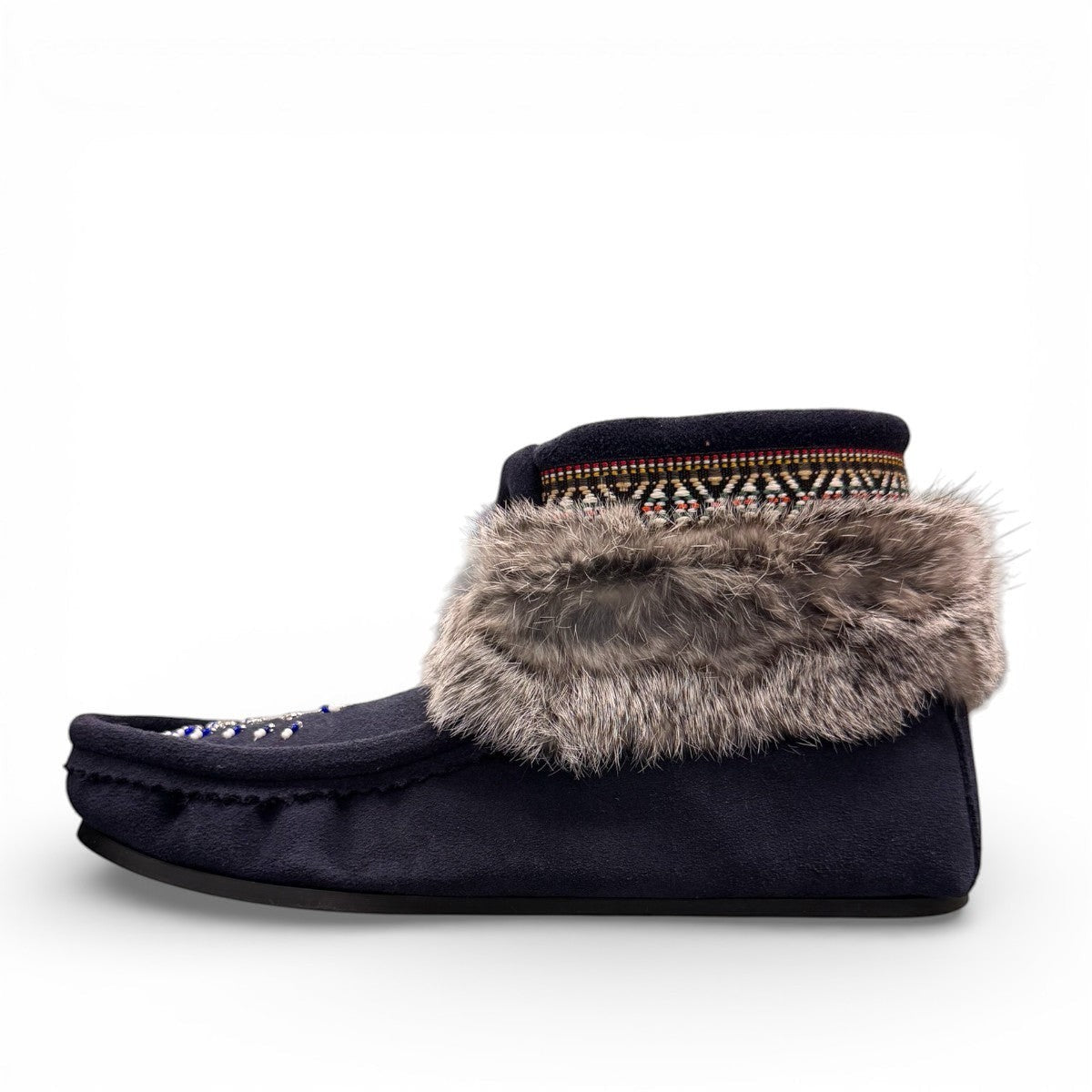 Laurentian Chief Nuka navy blue waterproof suede moccasin with fur trim and beaded detailing