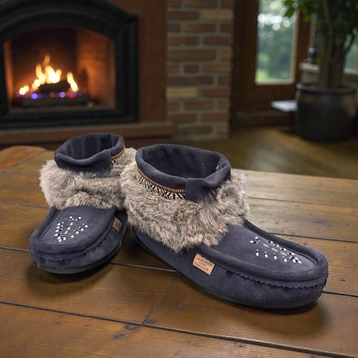 Laurentian Chief Nuka navy blue waterproof suede moccasin with fur trim and beaded detailing