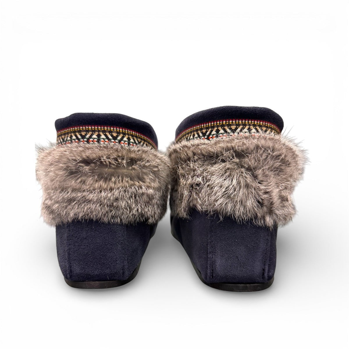 Laurentian Chief Nuka navy blue waterproof suede moccasin with fur trim and beaded detailing