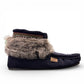 Laurentian Chief Nuka navy blue waterproof suede moccasin with fur trim and beaded detailing