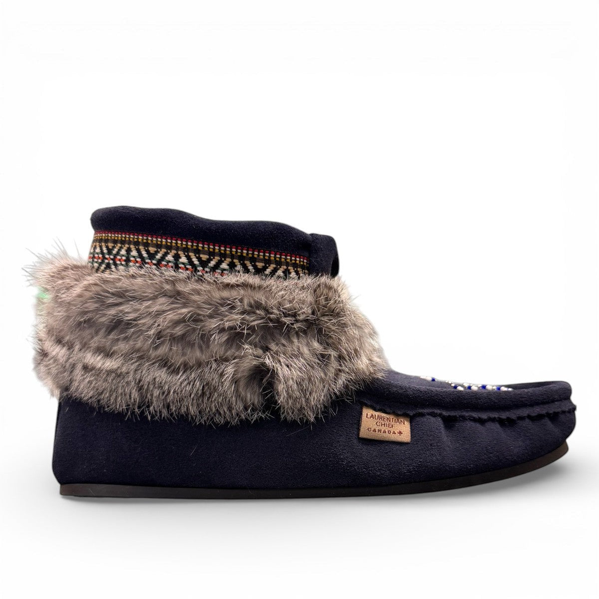 Laurentian Chief Nuka navy blue waterproof suede moccasin with fur trim and beaded detailing