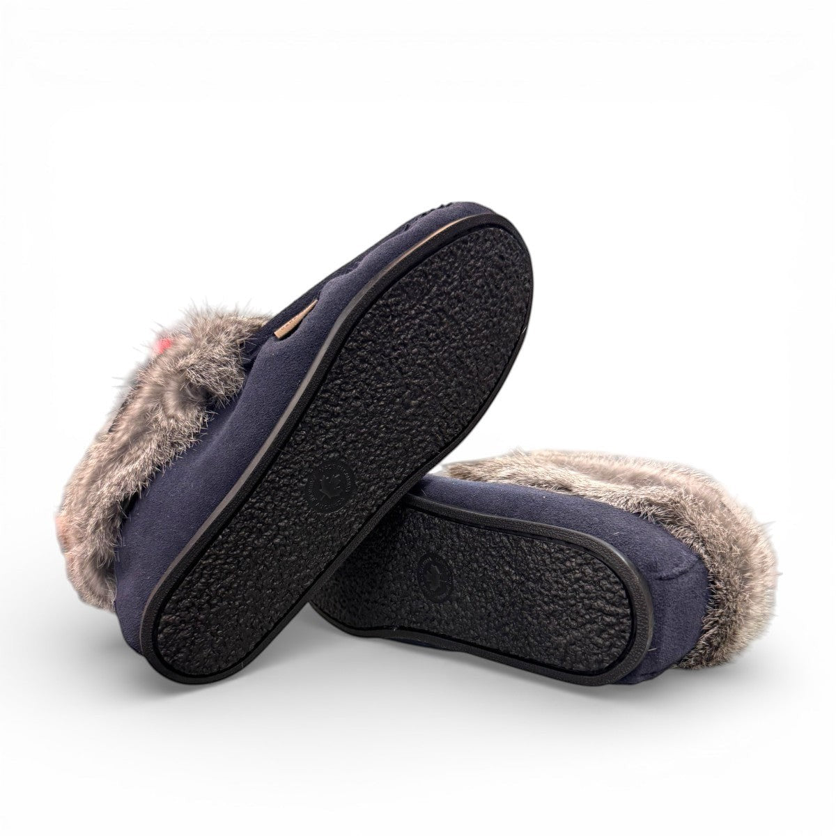Laurentian Chief Nuka navy blue waterproof suede moccasin with fur trim and beaded detailing