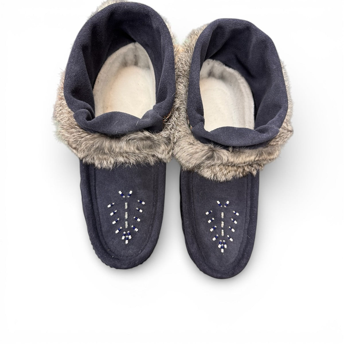 Laurentian Chief Nuka navy blue waterproof suede moccasin with fur trim and beaded detailing