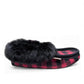 Laurentian Chief moccasins in red and black buffalo plaid flannel with a plush black faux fur trim.