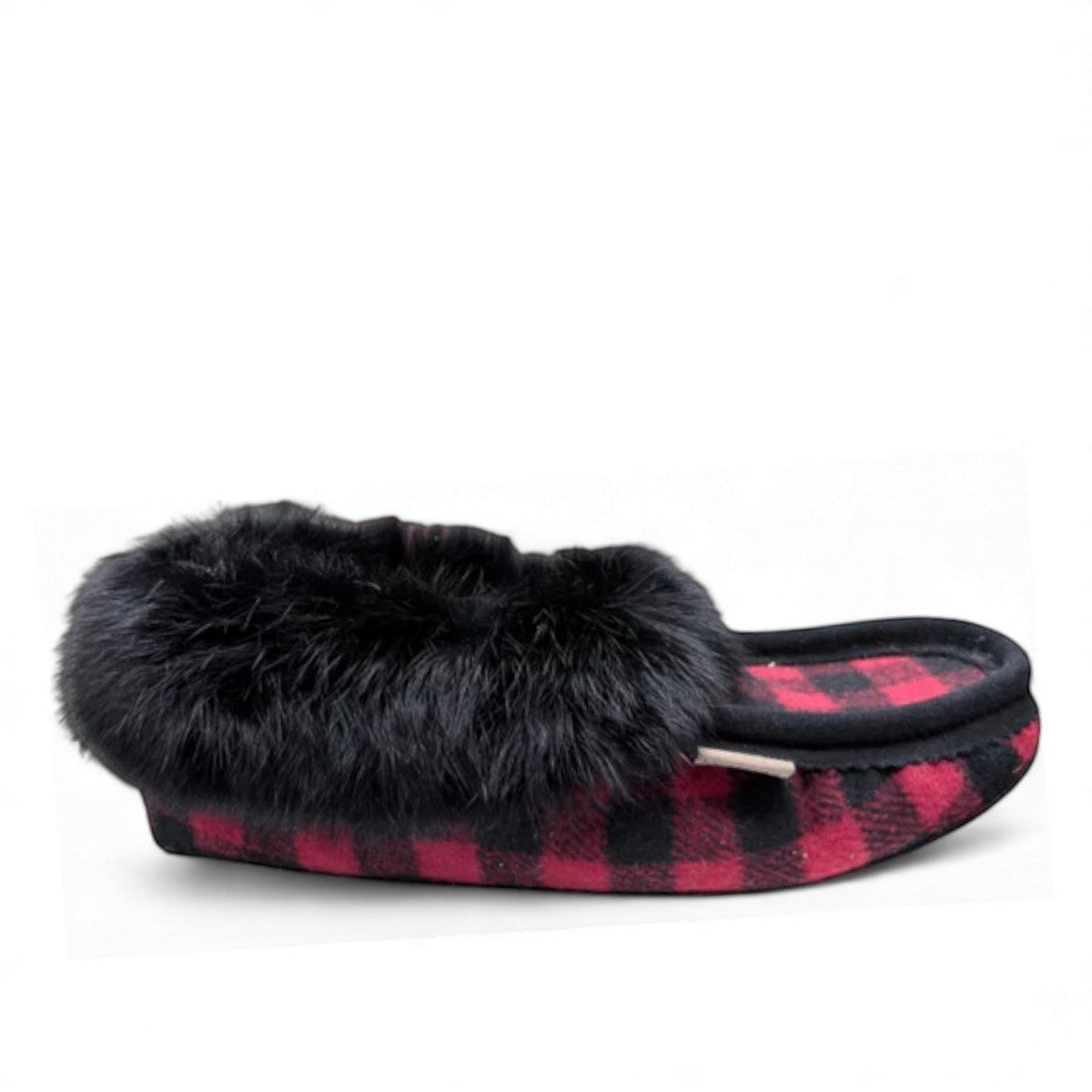 Laurentian Chief moccasins in red and black buffalo plaid flannel with a plush black faux fur trim.