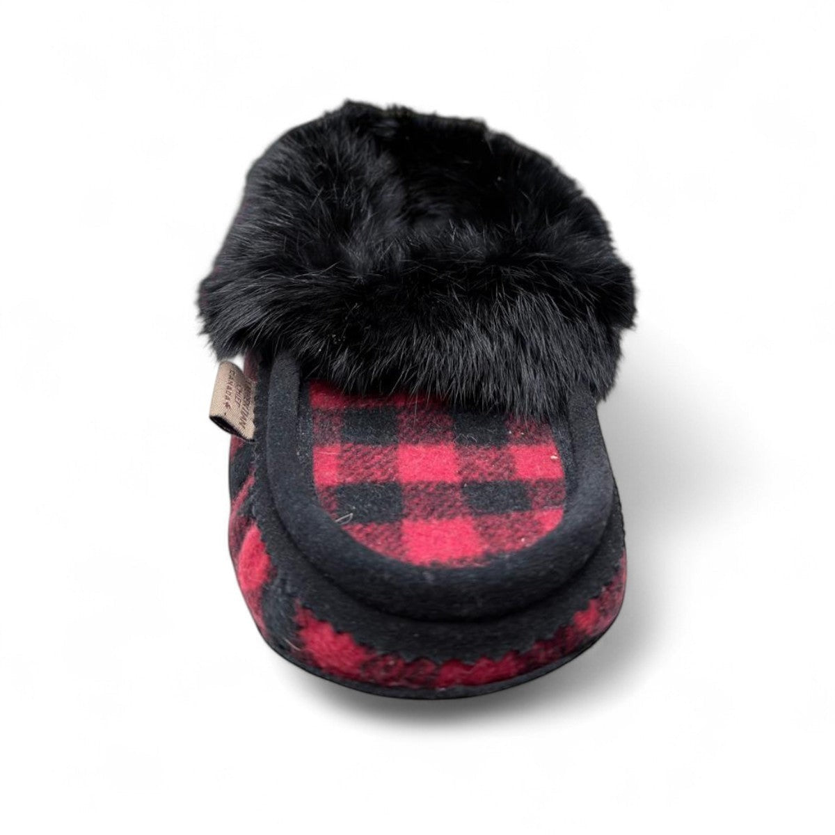 Laurentian Chief moccasins in red and black buffalo plaid flannel with a plush black faux fur trim.