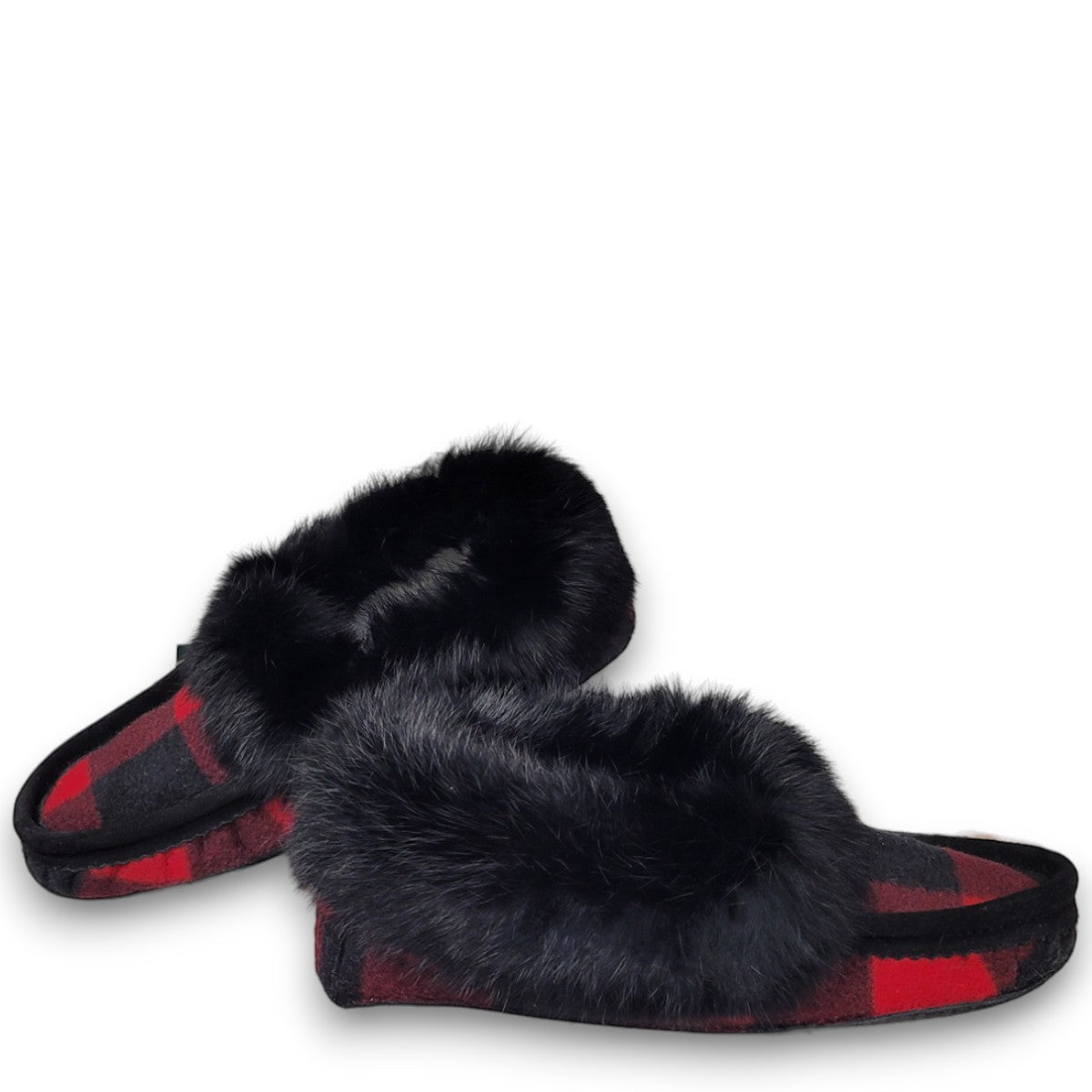Laurentian Chief moccasin slippers in red and black plaid with plush black rabbit fur trim