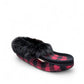 Laurentian Chief moccasins in red and black buffalo plaid flannel with a plush black faux fur trim.