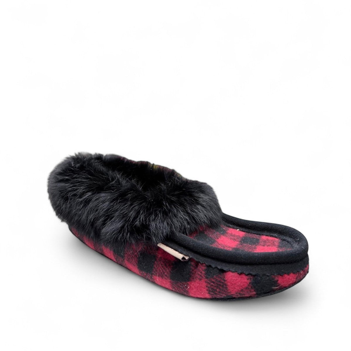 Laurentian Chief moccasins in red and black buffalo plaid flannel with a plush black faux fur trim.
