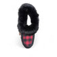 Laurentian Chief moccasins in red and black buffalo plaid flannel with a plush black faux fur trim.