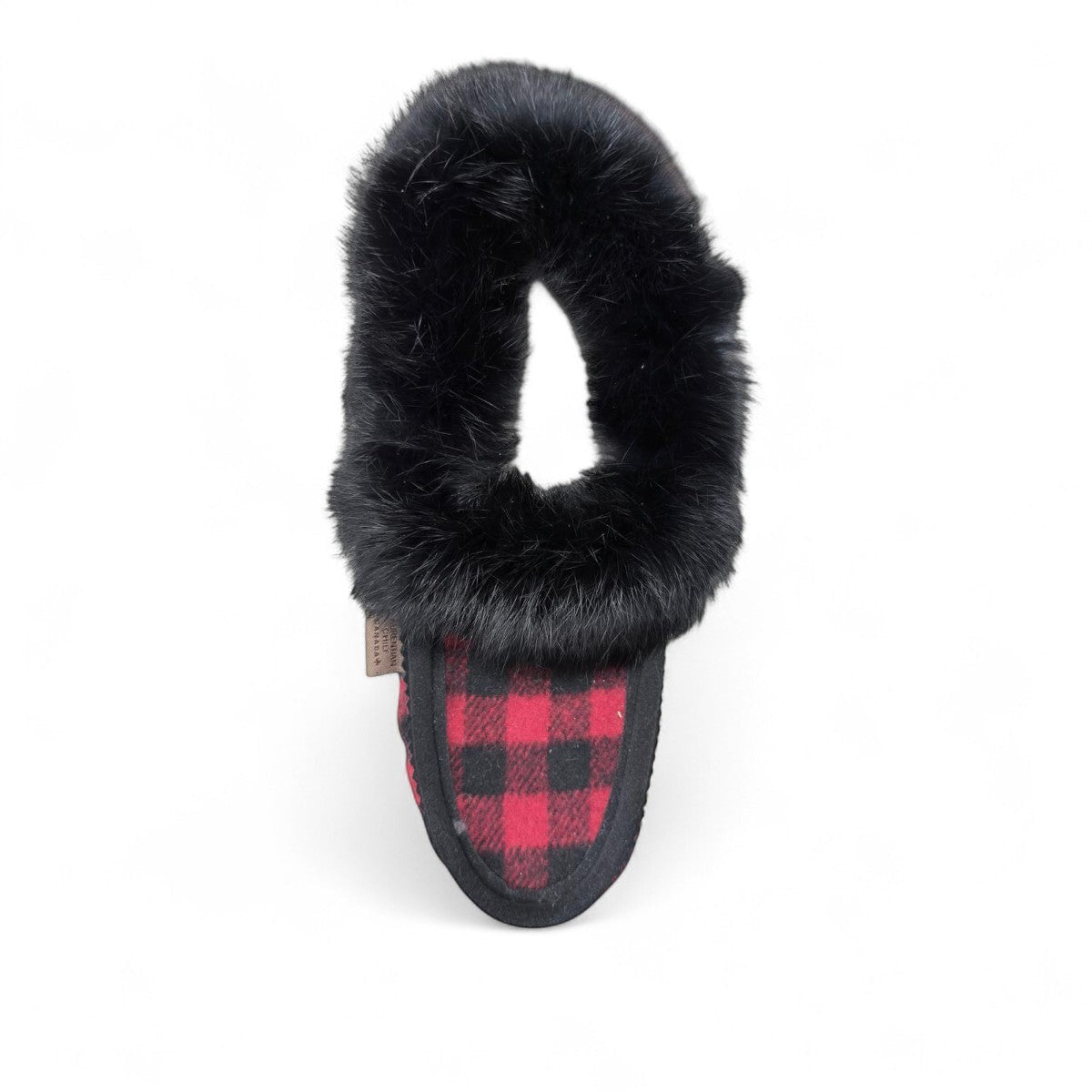 Laurentian Chief moccasins in red and black buffalo plaid flannel with a plush black faux fur trim.
