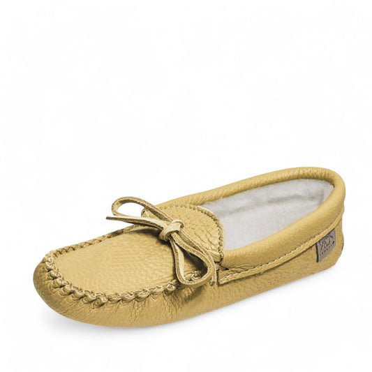 Laurentian Chief tan deer leather moccasins with plush shearling lining and decorative lacing