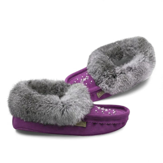 Laurentian Chief violet leather moccasins with rabbit fur trim and intricate beadwork for women