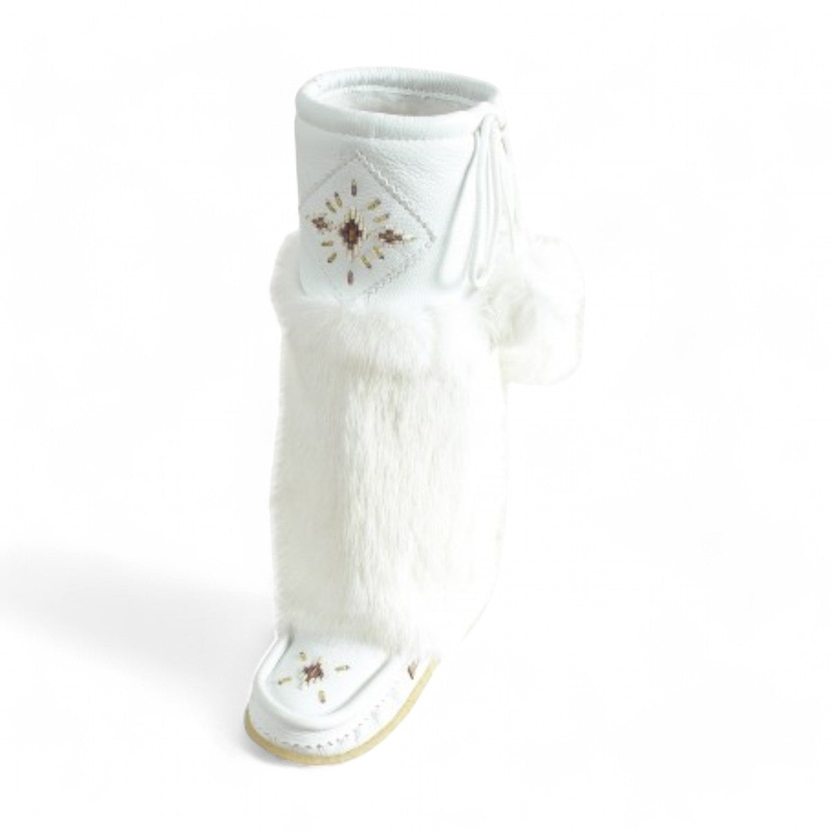 Laurentian Chief Imperial 16-inch white leather boots with fur trim and intricate beadwork detail.
