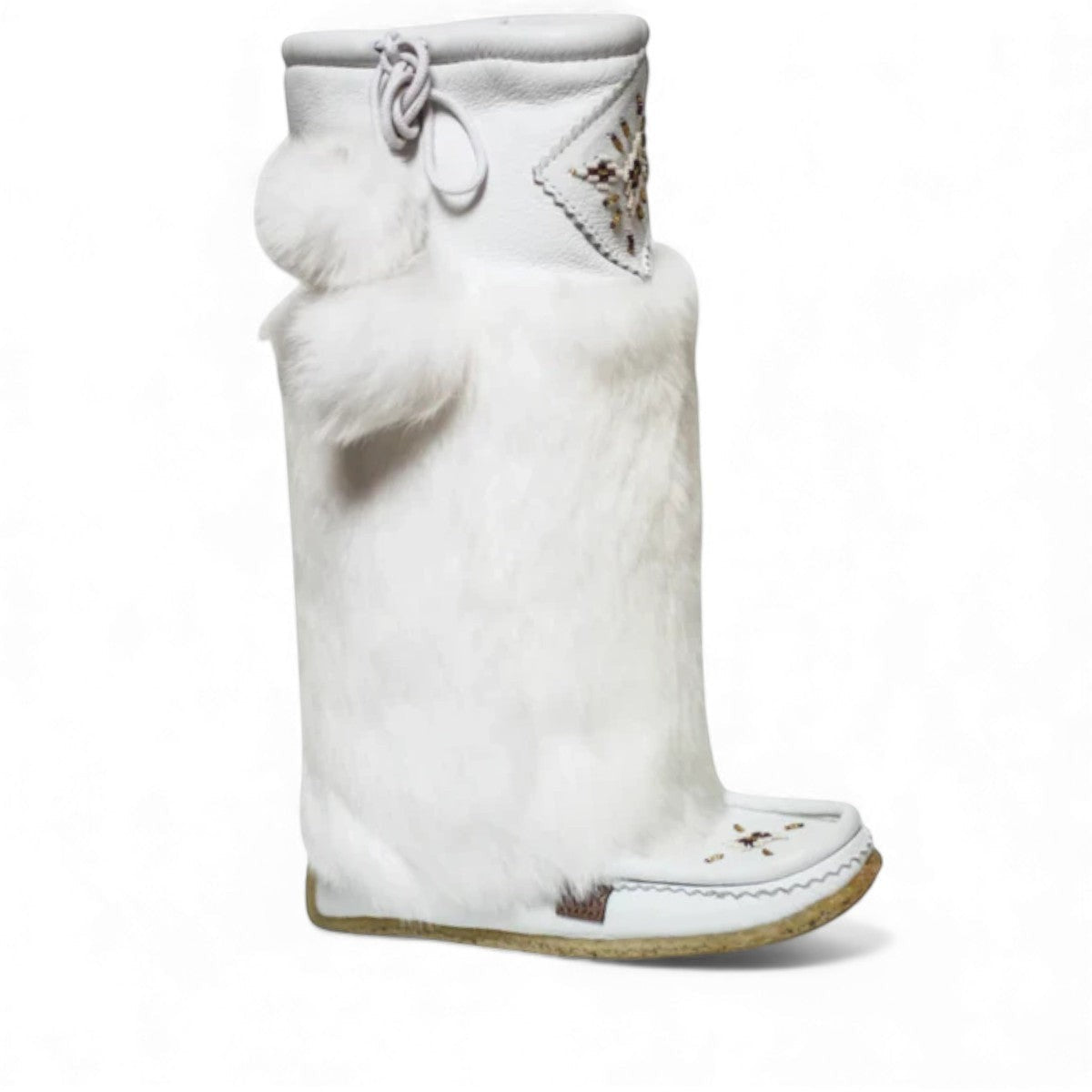 Laurentian Chief Imperial 16-inch white leather boots with fur trim and intricate beadwork detail.