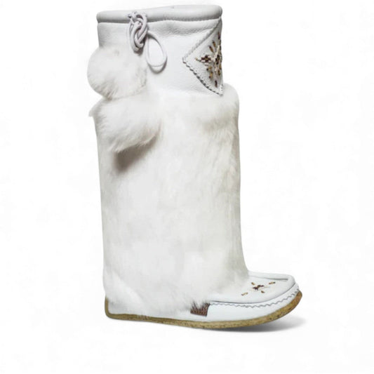 Laurentian Chief Imperial 16-inch white leather boots with fur trim and intricate beadwork detail.