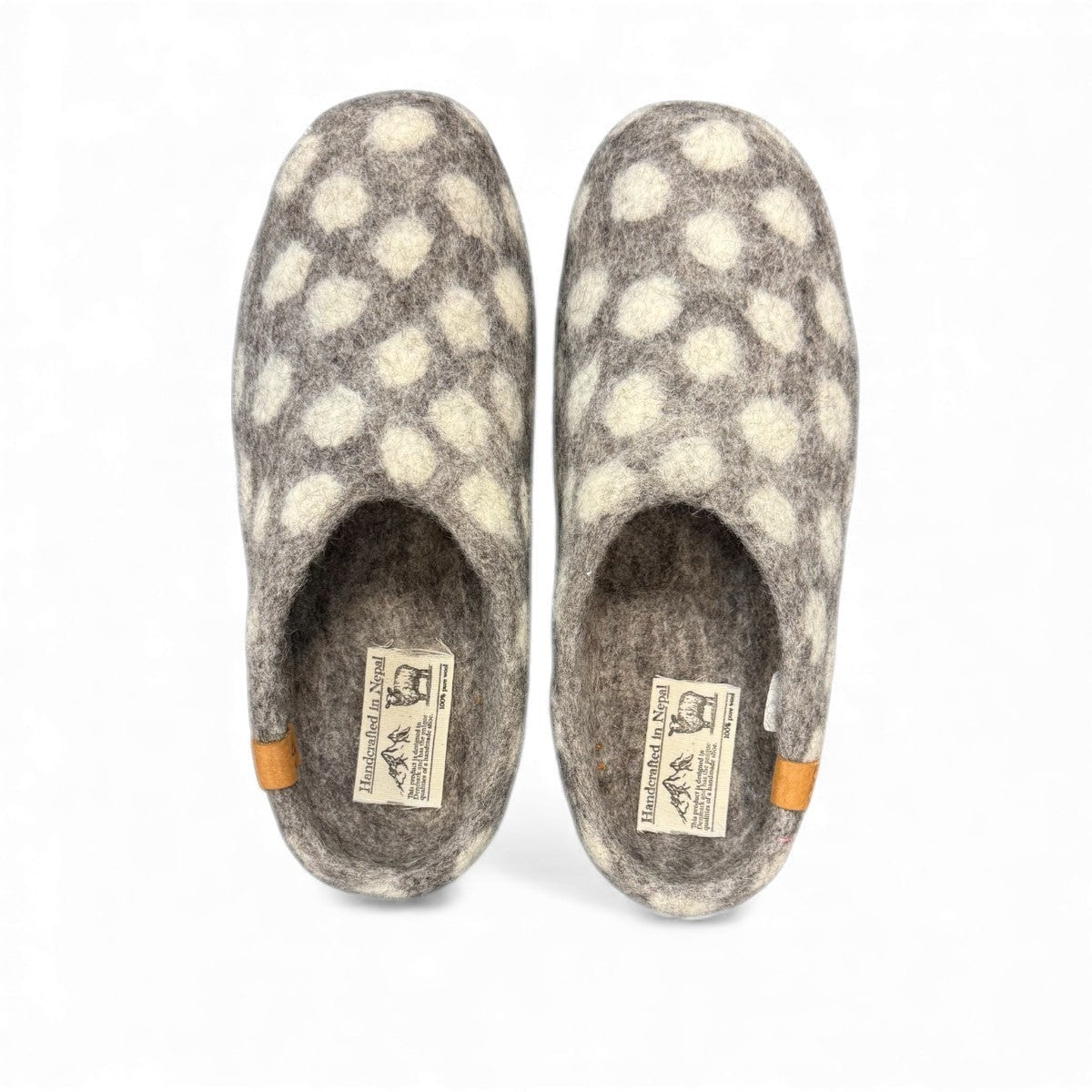 Lhasa grey wool mule slippers with a white polka dot pattern and comfortable EnergySole rubber base.