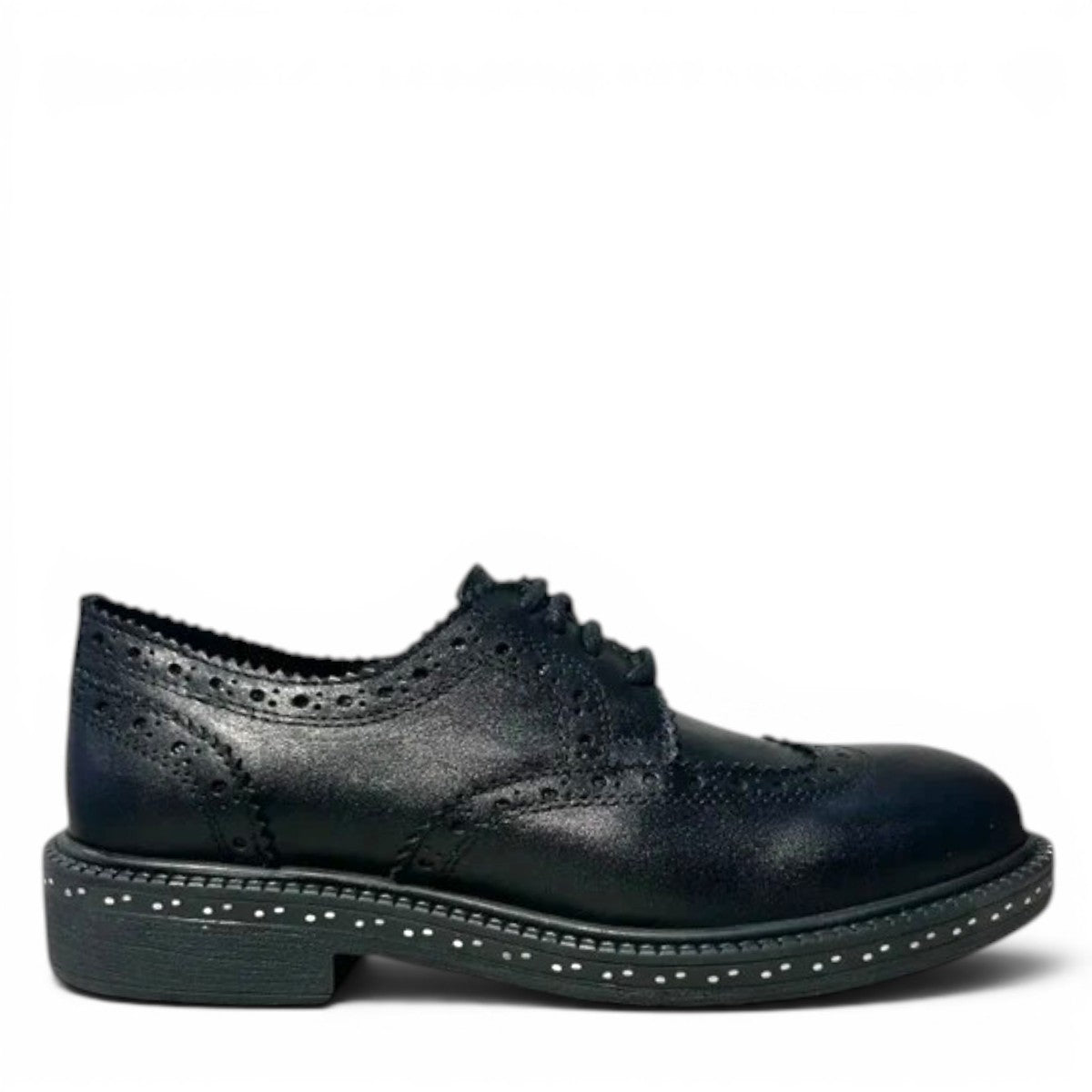 LUNA SOLE PINPIN black leather brogue derby shoe with a thick sole and white speckled welt detail. Photo of right side view.