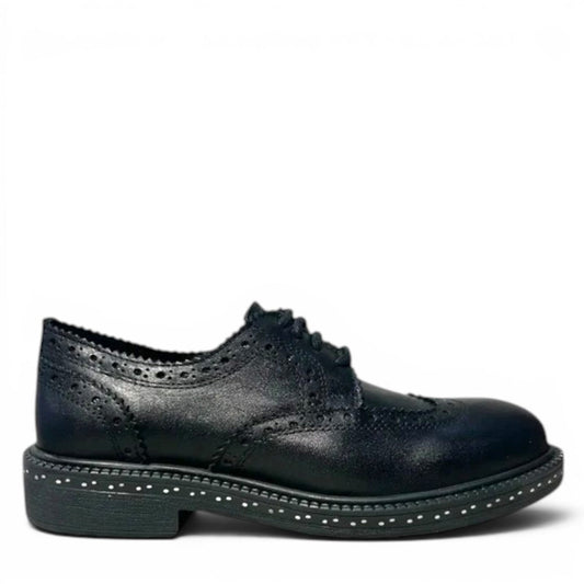 LUNA SOLE PINPIN black leather brogue derby shoe with a thick sole and white speckled welt detail. Photo of right side view.