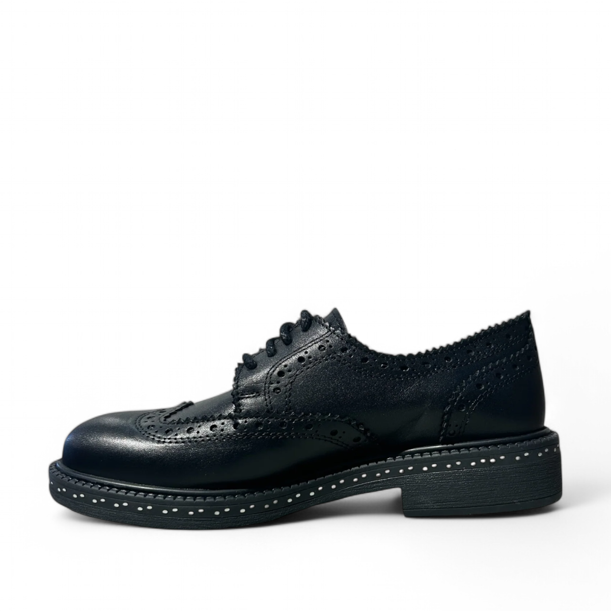 LUNA SOLE PINPIN black leather brogue derby shoe with a thick sole and white speckled welt detail. Photo of left side view.