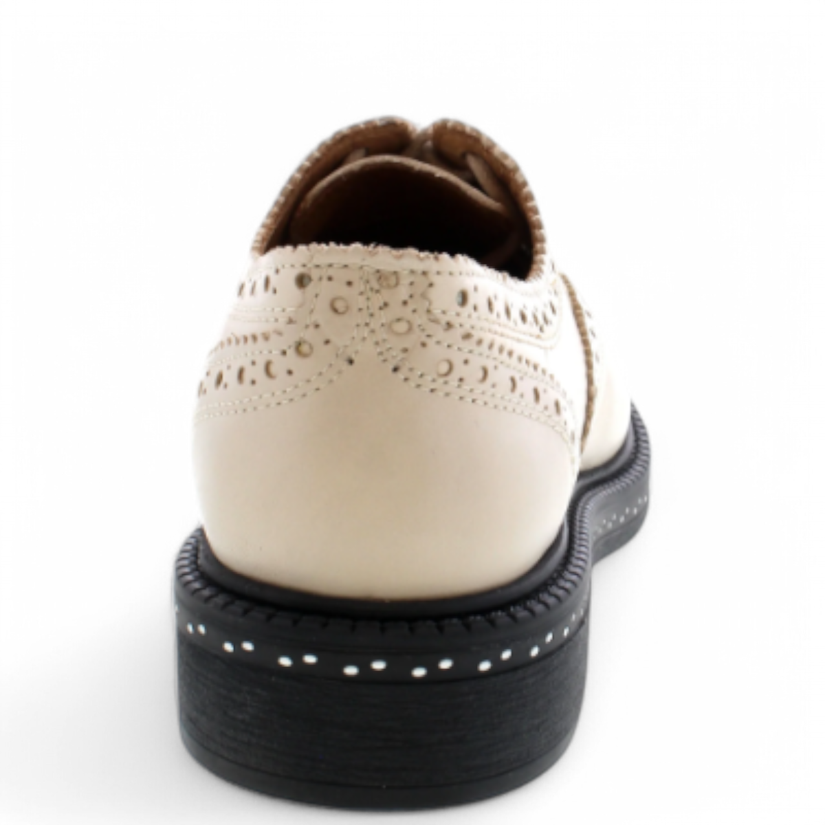 LUNA SOLE PINPIN EGGNOG cream leather brogue derby shoe with a thick black speckled sole. Photo of back view.