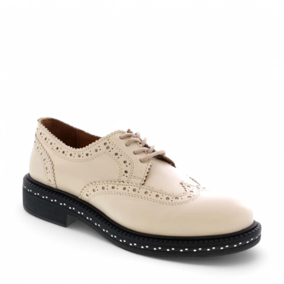 LUNA SOLE PINPIN EGGNOG cream leather brogue derby shoe with a thick black speckled sole. Photo of front side view.