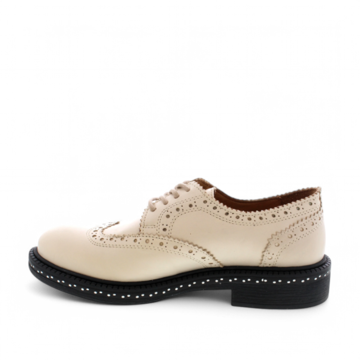 LUNA SOLE PINPIN EGGNOG cream leather brogue derby shoe with a thick black speckled sole. Photo of left side view.