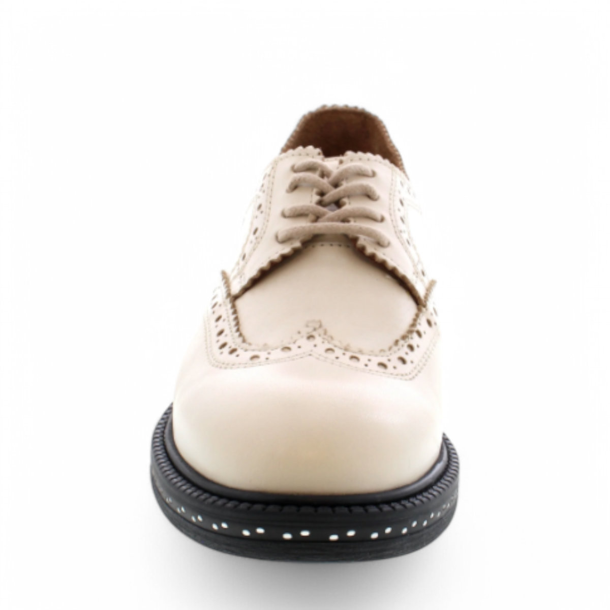 LUNA SOLE PINPIN EGGNOG cream leather brogue derby shoe with a thick black speckled sole. Photo of front view.