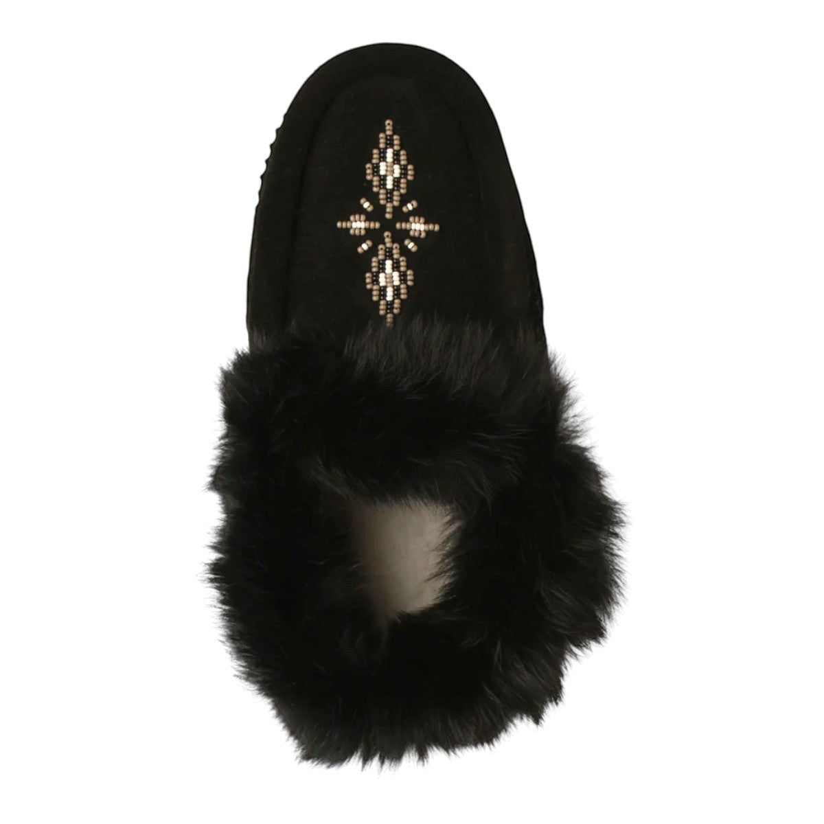 Manitobah black suede Tipi moccasin slipper with rabbit fur trim and intricate beadwork detail