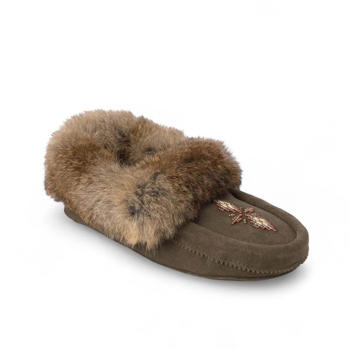 Manitobah olive suede Tipi slipper with rabbit fur trim and intricate beadwork on a fleece-lined indoor moccasin.