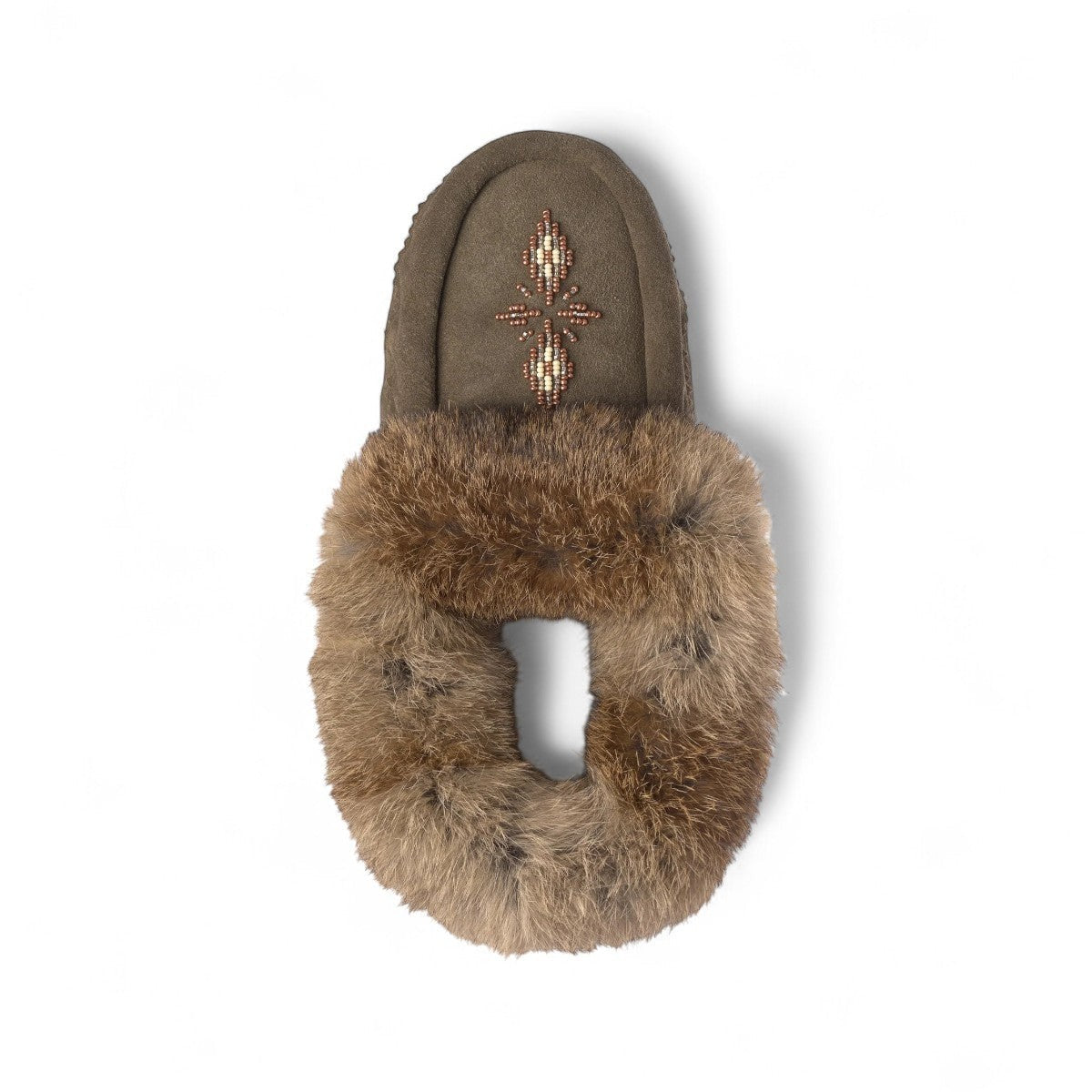 Manitobah olive suede Tipi slipper with rabbit fur trim and intricate beaded detail on the toe