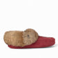 Manitobah red dahlia suede Tipi moccasin slipper with rabbit fur trim and fleece lining, side view