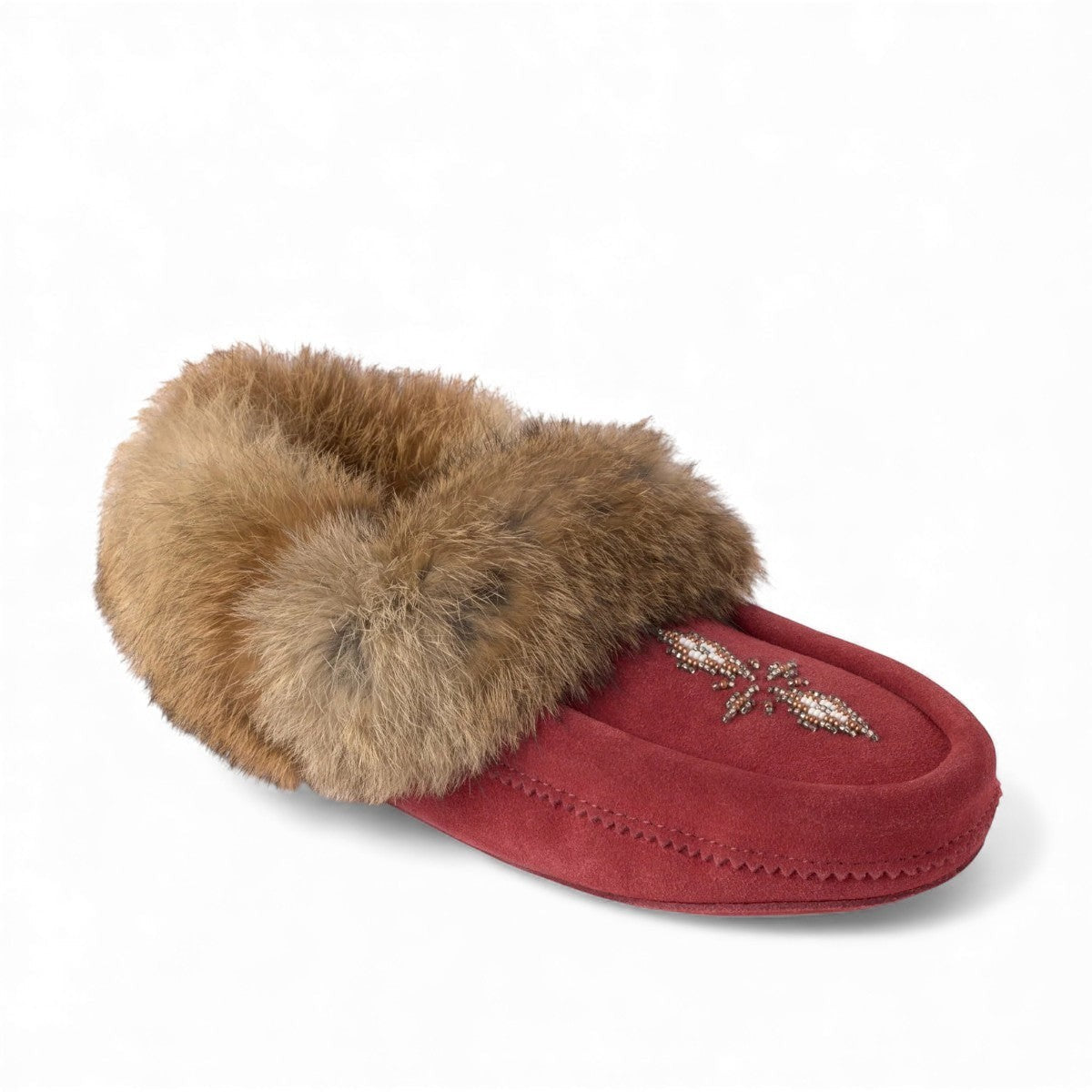 Manitobah red dahlia suede Tipi moccasin slipper with rabbit fur trim and intricate beaded vamp detail