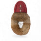 Manitobah red dahlia suede Tipi moccasin slipper with rabbit fur trim and intricate beadwork on the vamp