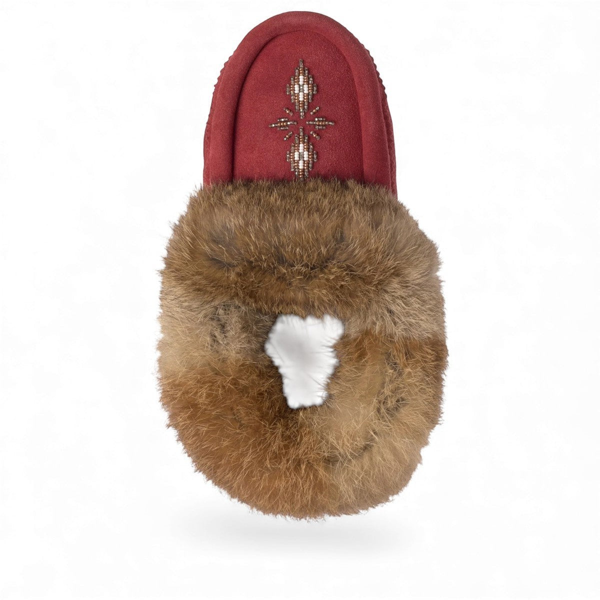 Manitobah red dahlia suede Tipi moccasin slipper with rabbit fur trim and intricate beadwork on the vamp
