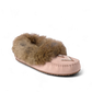 Manitobah Street suede moccasin in rose with a fur ankle cuff and intricate beaded vamp design.